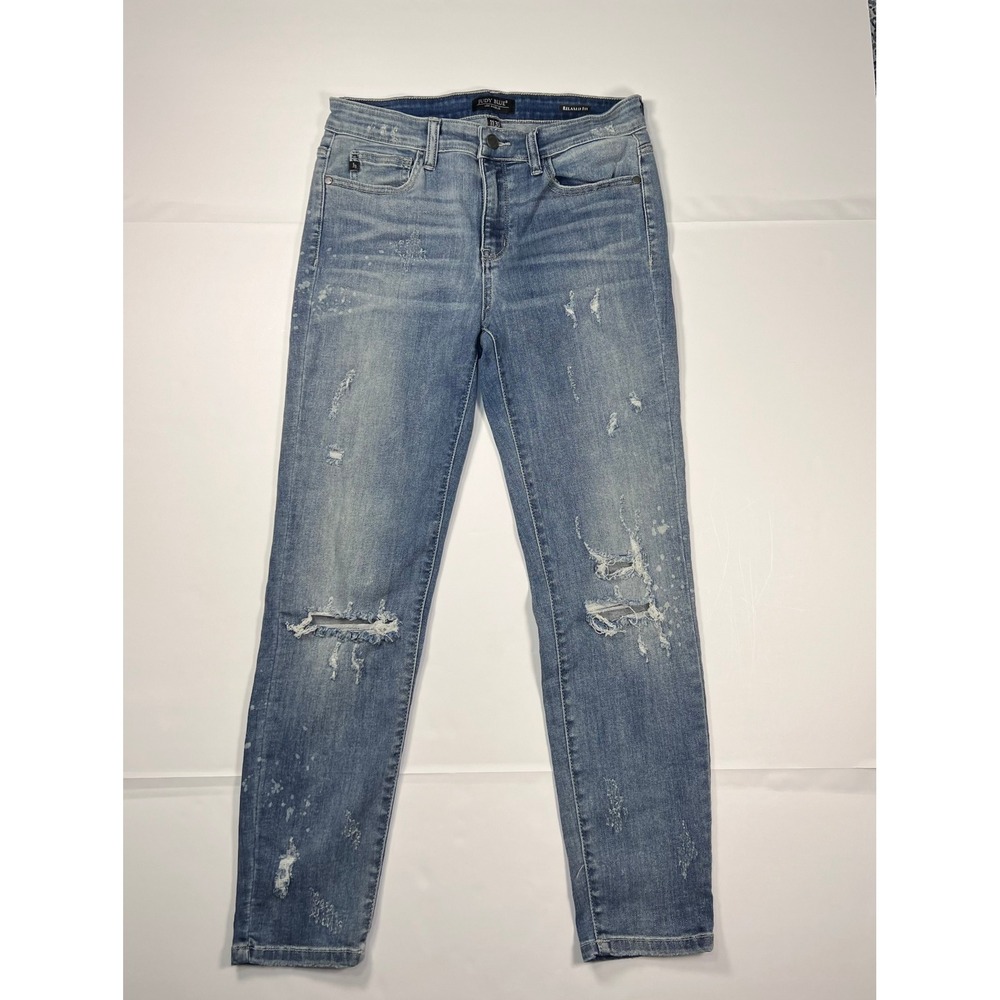 Judy Blue Relaxed Fit Jeans Women 11/30 Blue Distressed Paint Splatter‎ Stretch